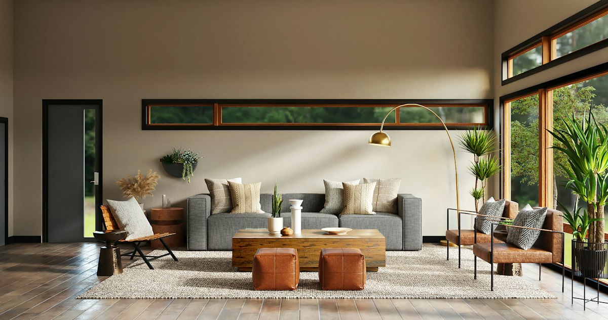 Curated minimalist living room interior with terracotta decor and natural timber